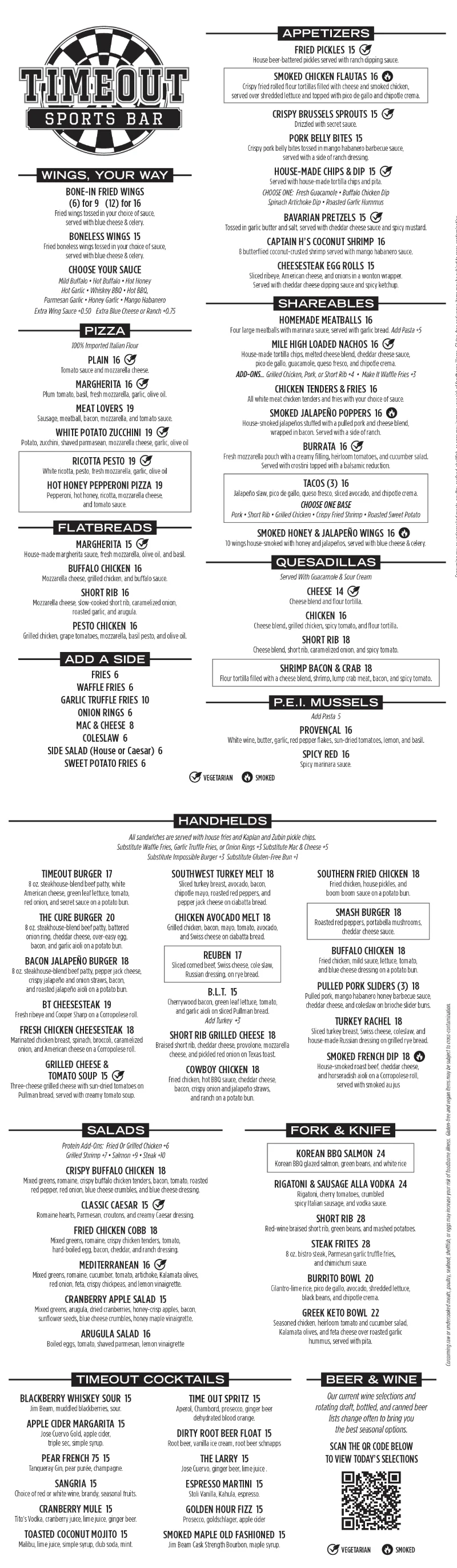 Timeout Sports Bar menu
