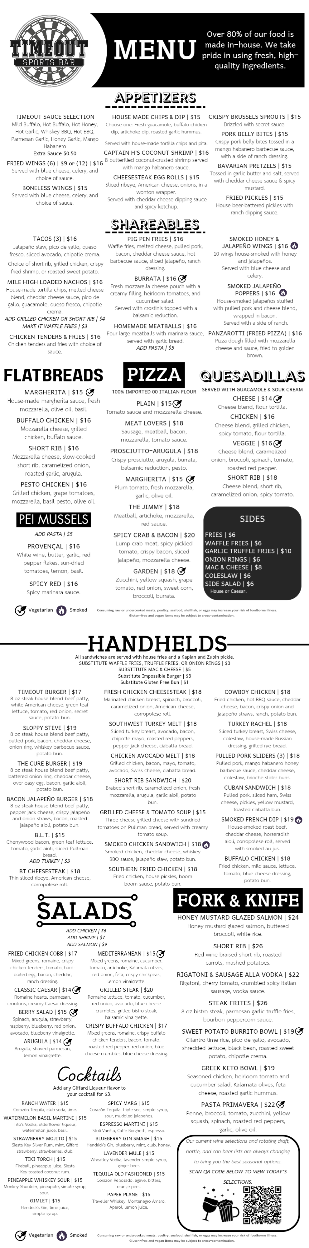 Timeout Sports Bar menu